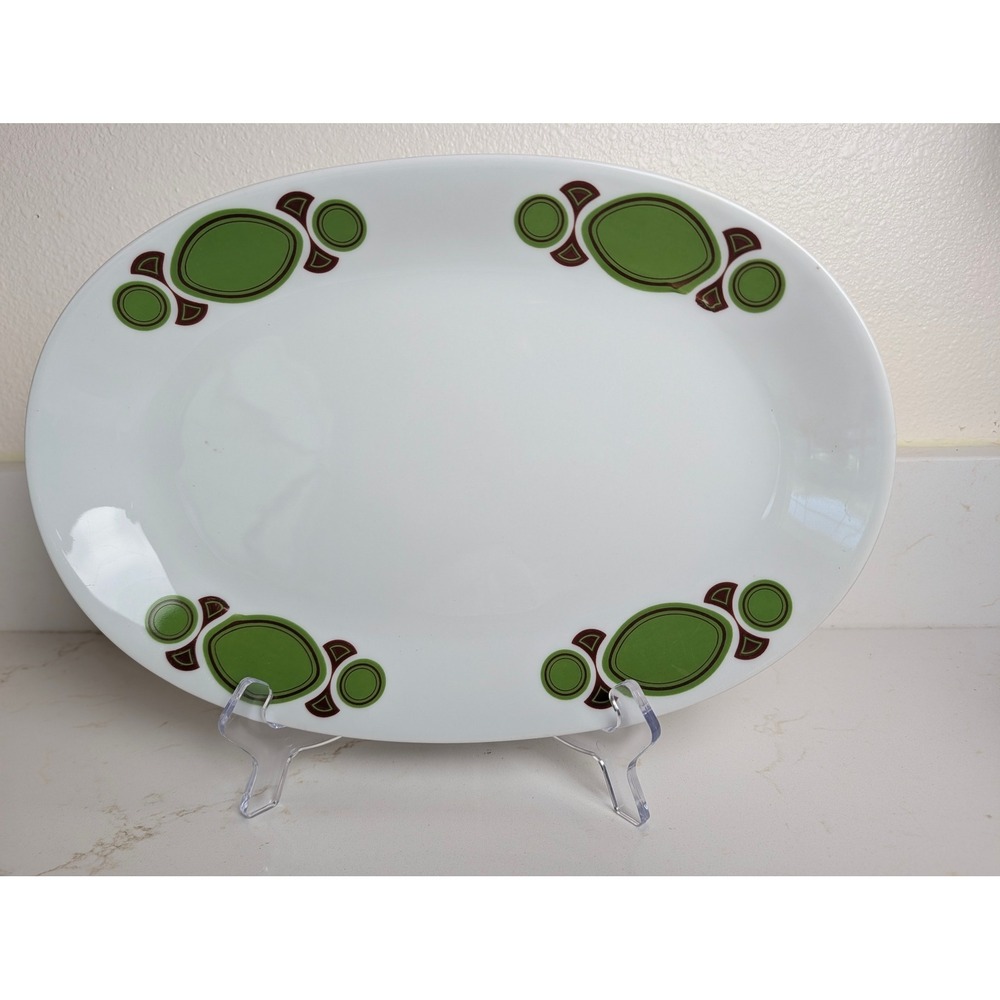 Mitterteich Bavaria Vintage MCM Oval Serving Platter Green Brown Geometric 15in